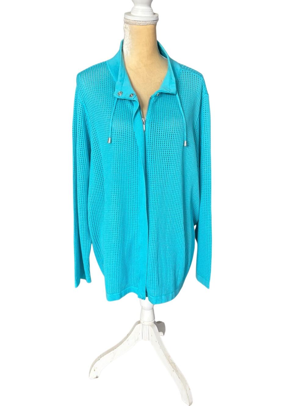 Chicos Open Stitch Cardigan Sweater Jacket Blue Aqua Size 4 XXL NEW